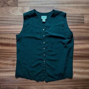 Vintage Eileen Fisher Silk V-neck Vest 80s Button Front Women Size 2 Soft Black